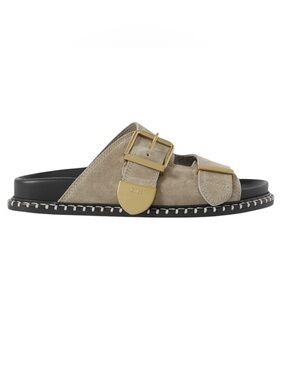 Chloe Rebecca Leather & Suede Double Buckles Whipstitch Trim Slides Sandals